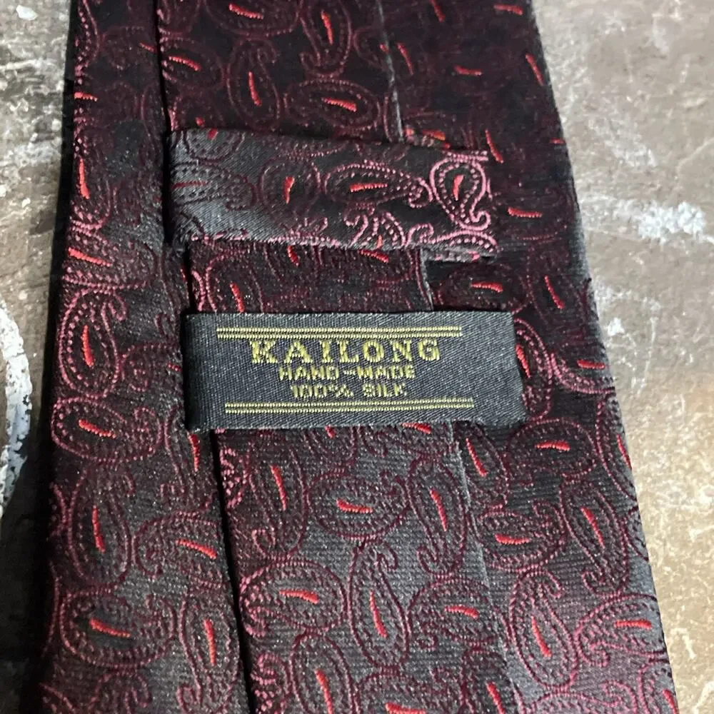 Kai Long Tie 100% Silk Maroon And Red Pattern Handmade